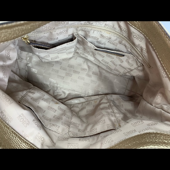 Michael Kors Millwork Tan Brown Canvas Signature Large Shoulder Bag Gold Leather - Picture 8 of 11